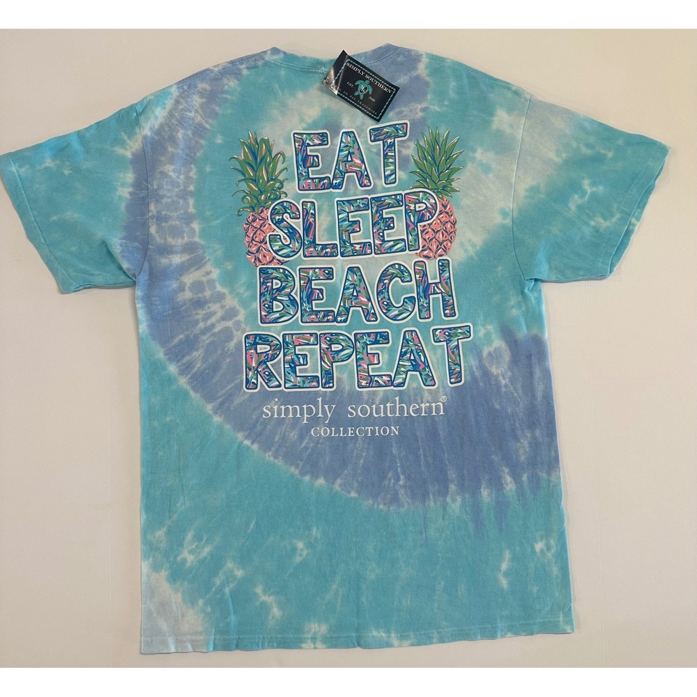 Simply Southern Eat Sleep Beach Repeat Tie Dye T-Shirt Blue Purple Large NWT
